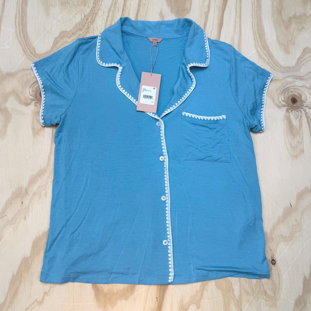 Eberjey Frida Shortie PJ Set Top Blue White Whipstitch Trim Womens Large NEW
